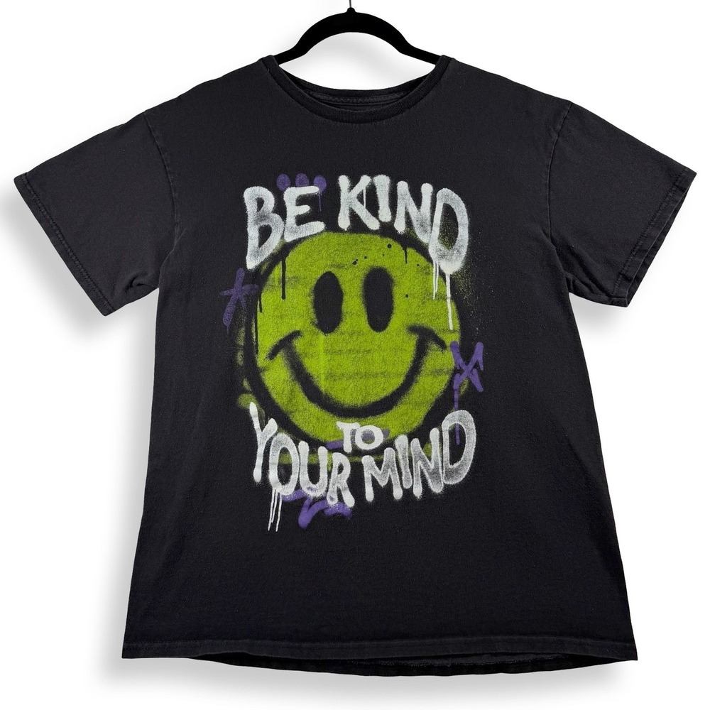 Y2K Streetwear Black Smiley Face Graphic Shirt Be Kind To Your Mind Mens Medium